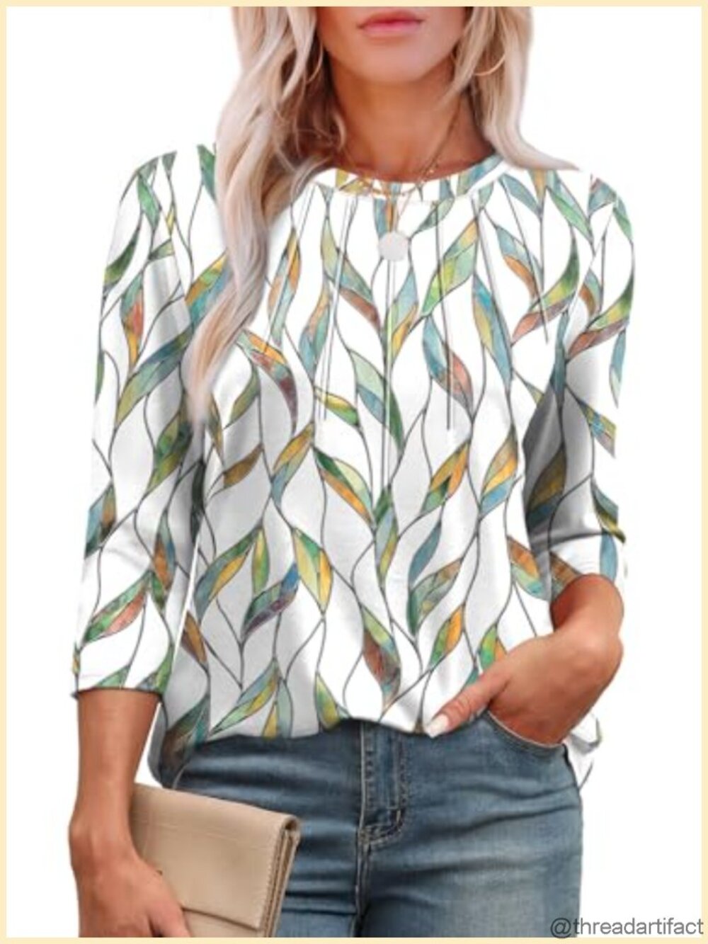 3/4 Sleeve Pleated Tunic Top Round Neck Loose Fit Casual Shirt